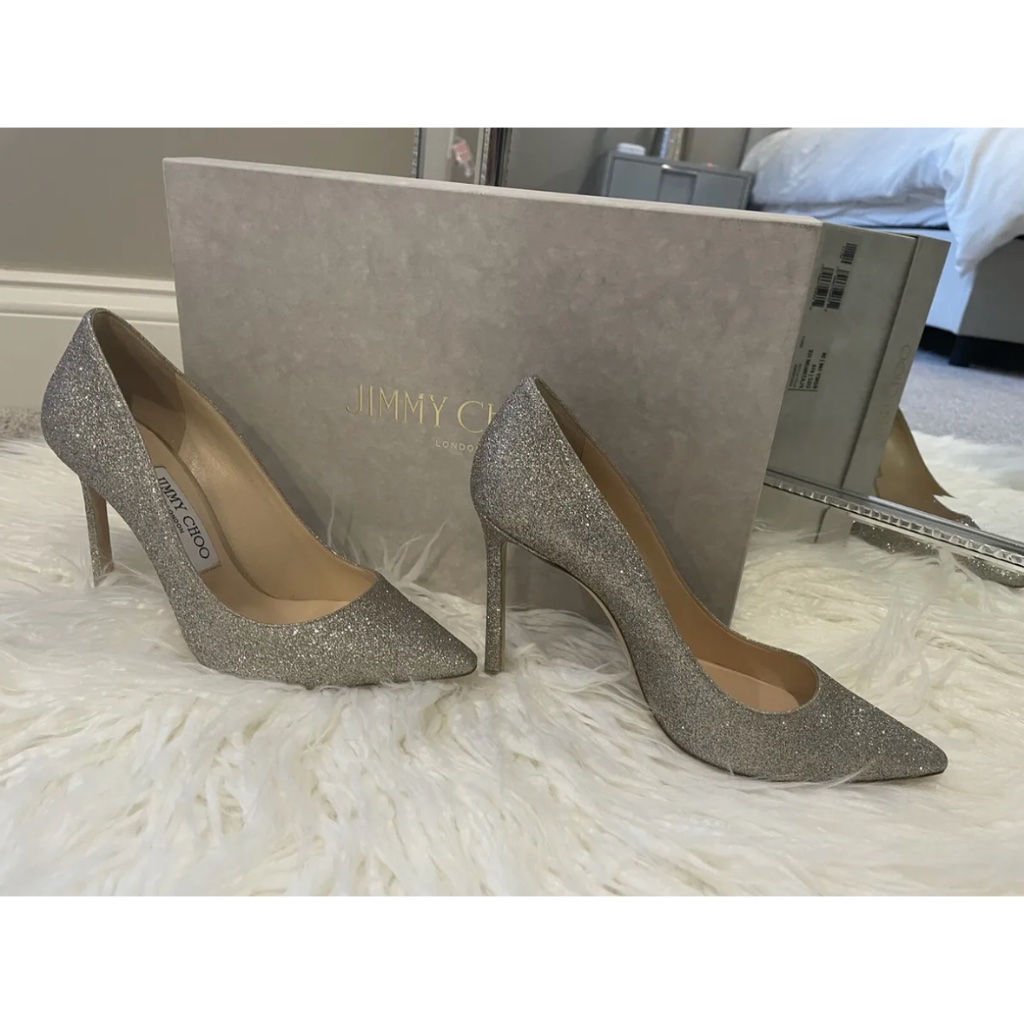 Jimmy Choo Romy 100 Platinum Ice Dusty Glitter Pumps Size 36 (Us 6) New